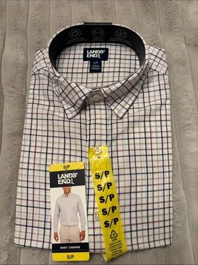 Lands' End Men's White Plaid Button-Down Shirt with Navy and Purple Checks